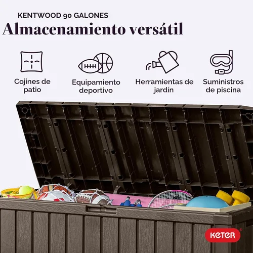 Vista 4 de Keter Kentwood - Caja de resina de 92 galones, organización y almacenamiento para muebles de patio, cojines de exterior, almohadas, herramientas