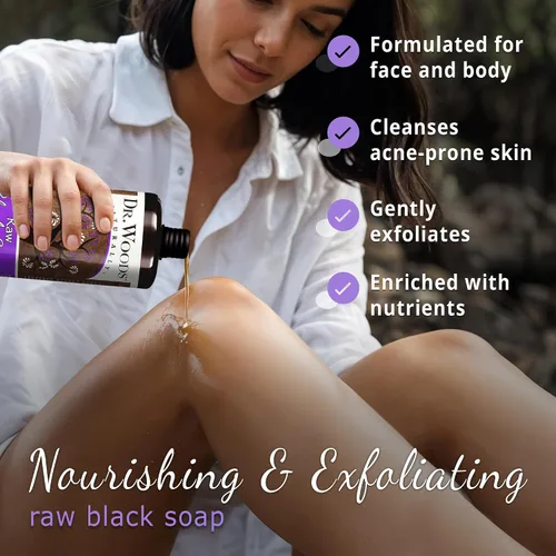 Vista 2 de Dr. Woods Raw Black Hidratante líquido Castilla Jabón orgánico con manteca de karité, 32 onza, Negro Body Wash for Men and Women, Contains Organic