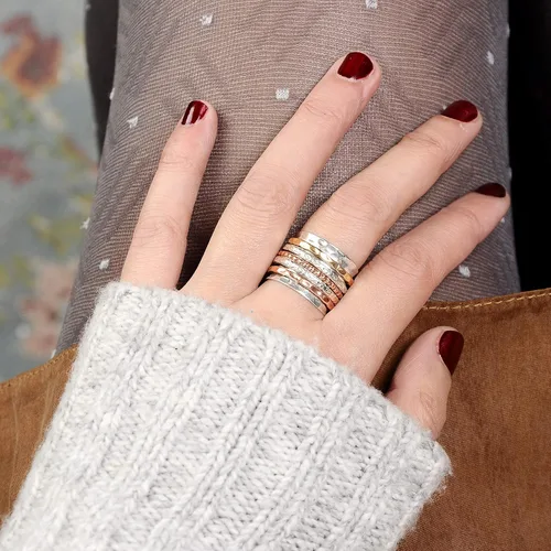 Vista 7 de Boho-Magic Anillo giratorio para mujer, plata de ley 925 con bandas de cobre y latón anchas, Metal