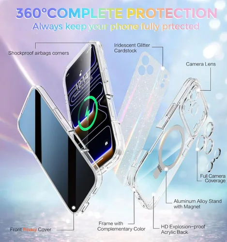 Vista 2 de Funda magnética de privacidad para iPhone 17 Pro Max [Cartulina Aurora con purpurina] [Soporte magnético invisible] protector de pantalla integrado