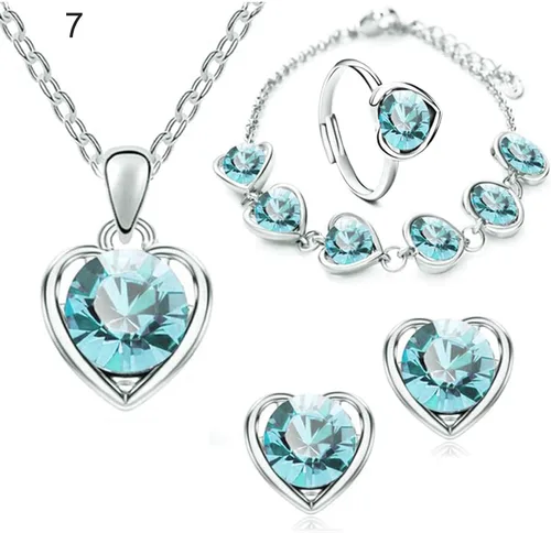 Vista 6 de 4 piezas elegantes para collar, pendientes, pulsera, anillo ajustable para mujer, collar con colgante de corazón de diamantes de imitación, juego