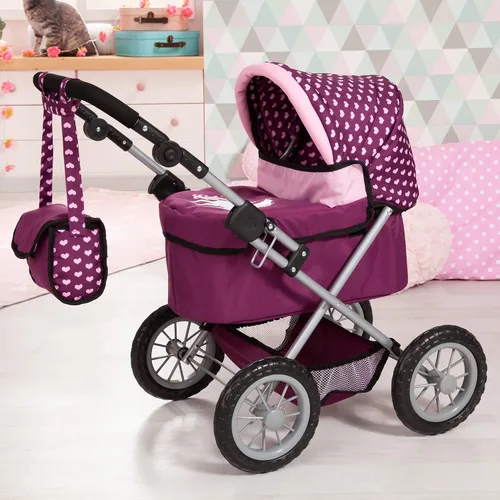 Vista 5 de Bayer Trendy - Cochecito para muñecas, color rosa y burdeos con asa ajustable Fits 18 Inch Dolls, Foldable Metal Frame with Matching Shoulder Bag