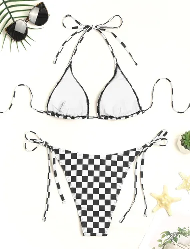 Vista 3 de ZAFUL Bikinis triangulares estampados para mujer, 2 piezas, bikini halter, traje de baño de corte alto, traje de baño con lazo lateral 0-negro a