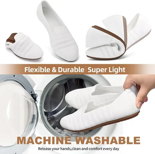 Vista 4 de Puxowe Zapatos planos de ballet de punto para mujer con suela de cuña baja, cómodos zapatos de punta redonda para caminar, vestidos y trajes casuales