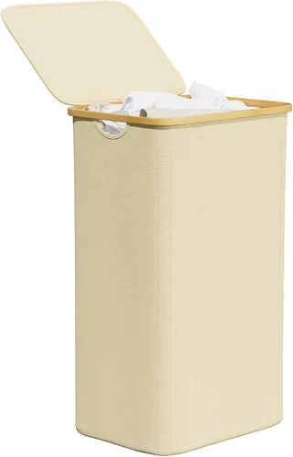 Vista 18 de SpaceAid Cesta de lavandería delgada con ruedas y tapa, cesta de ropa estrecha rodante de 62 litros con mango de bambú, canasta grande para ropa
