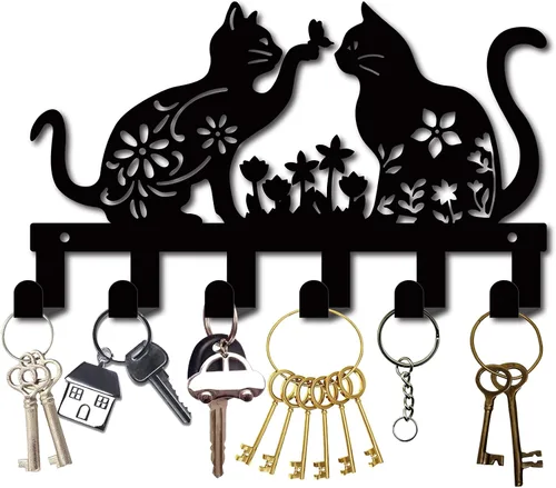 Vista 8 de CREATCABIN Soporte de metal para llaves, ganchos negros para colgar en la pared, organizador colgante decorativo con 6 ganchos, patrón de gato