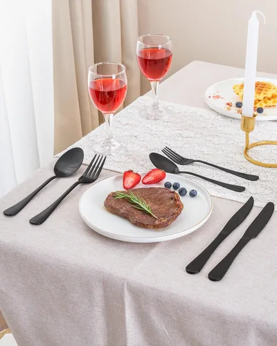 Vista 7 de Juego de cubiertos negros mate con cuchillos para carne, juego de cubiertos de acero inoxidable de 36 piezas para 6, moderno juego de cubiertos