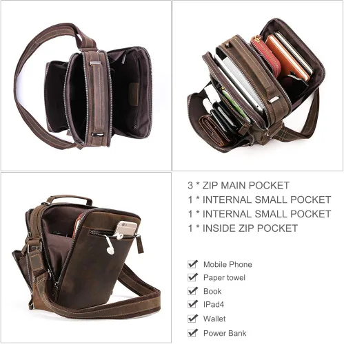 Vista 6 de BAIGIO Bolso de mensajero de cuero genuino para hombre, bolso cruzado de hombro vintage, bolso de mano, bolso de mano, bolso de mano, bolso de mano