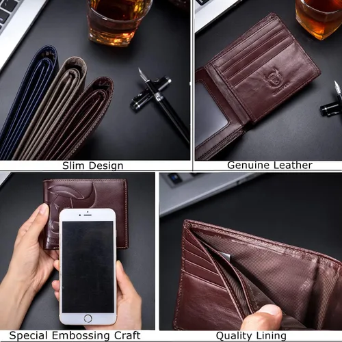 Vista 5 de BULLCAPTAIN Cartera delgada para hombre de cuero genuino RFID bloqueo minimalista cartera para hombres doble tarjeta de crédito titular 203H Coffee