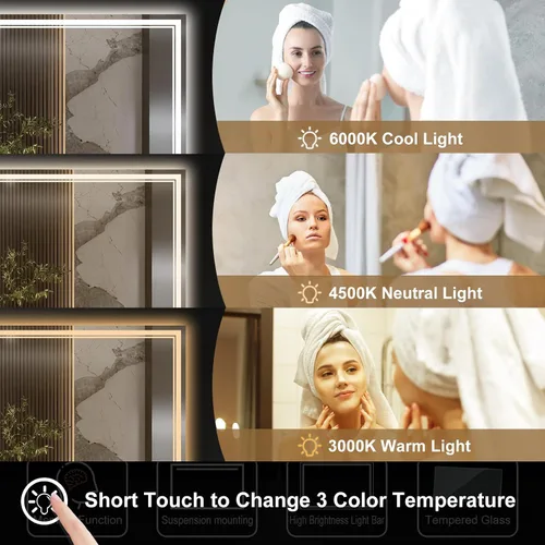 Vista 3 de Ratsamee Espejo de baño LED de 30x30 pulgadas con iluminación frontal y trasera (control independiente), espejo iluminado para pared de baño con 3