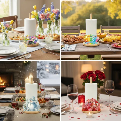 Vista 8 de Portarrollos de Papel de Bambú con Conjunto de 11 Letreros Intercambiables de Días Festivos, Decoración Rústica de Cocina Soporte de Encimera
