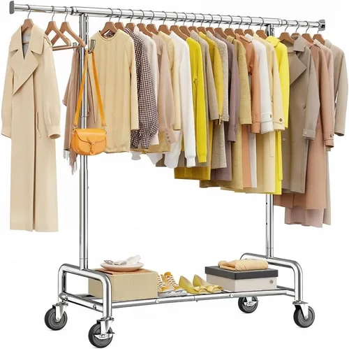 Vista 11 de Raybee Perchero resistente de 75 pulgadas de ancho, 450 libras, almacenamiento de ropa de metal con estante, ruedas con bloqueo y tapones
