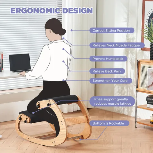 Vista 7 de Silla ergonómica, mecedora ajustable para oficina en casa, silla de oficina de madera para aliviar el dolor de espalda, color negro
