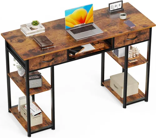 Vista 8 de Escritorio para computadora de 47 pulgadas con 2 cajones, escritorio de oficina en casa con estantes de madera, mesa de PC de escritura de estudio