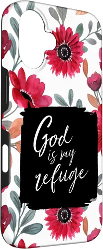 Vista 3 de God is My Refuge - Carcasa para iPhone 16, diseño de flores rojas con versículo bíblico del Salmo 91
