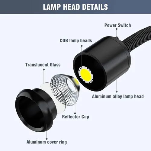Vista 2 de Luz LED para máquina, luz de torno flexible IP66, impermeable, 800 lúmenes, 110 V-220 V, con base de abrazadera de boca de caballo para máquina