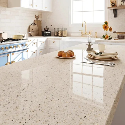 Vista 2 de FunStick 24"x200" Glossy Beige Granite Countertop Contact Paper Beige Terrazzo Wallpaper Peel and Stick Countertops Waterproof Self Adhesive Granite