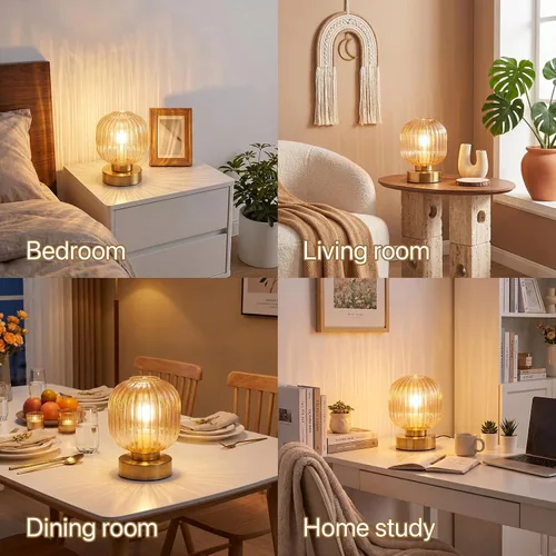Vista 4 de Elenhome Lámpara de mesa táctil, regulable de 3 vías con pantalla de vidrio, base de acabado de latón, lámpara de mesita de noche pequeña moderna
