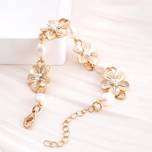 Vista 7 de Rosedate Pulsera de perlas para mujer, pulsera de perlas naturales, pulsera ajustable de oro, pulsera de flores doradas, pulsera de cadena delicada