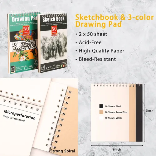 Vista 5 de KALOUR Juego de 72 lápices de dibujo y bocetos con cuaderno y papel de dibujo de 3 colores, caja de metal, incluye grafito, carbón, guante de dibujo