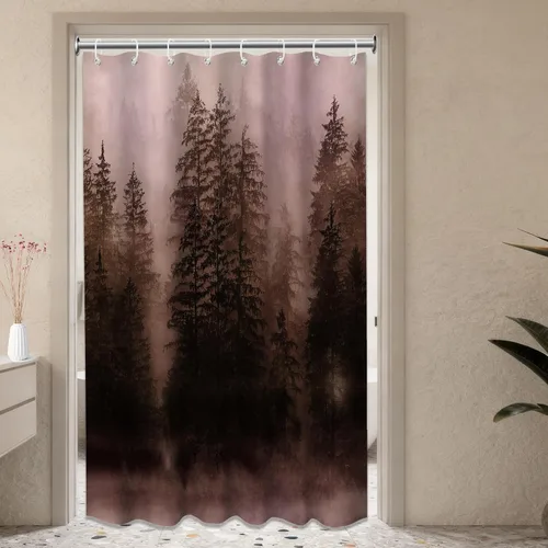 Vista 24 de Cortina de ducha estrecha para hombre, diseño de bosque negro y gris, para casa rodante, juego de decoración de baño, tela impermeable con ganchos