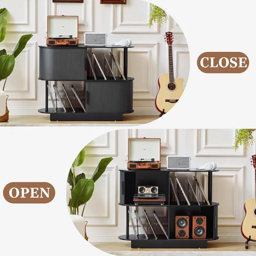 Vista 6 de Soporte moderno para tocadiscos con almacenamiento de vinilo, soporte de almacenamiento para tocadiscos negro de 40 pulgadas con puerta corredera