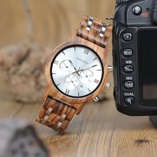 Vista 7 de BOBO BIRD Relojes de madera para hombre, correa de metal de madera de lujo, cronógrafo y visualización de fecha, reloj de cuarzo versátil
