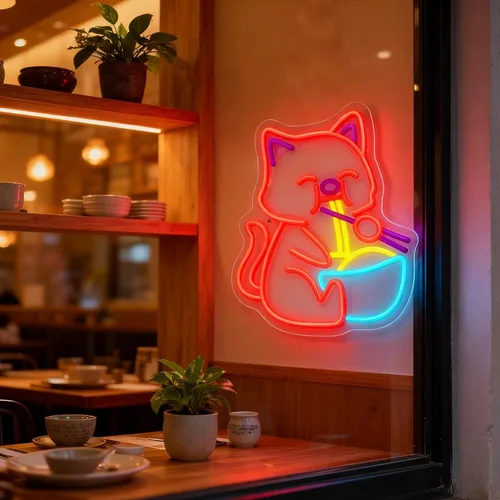 Vista 2 de Letrero de neón con texto en inglés "Noodle Cat" con luz abierta, letras LED para decoración de pared, letreros de puerta decorativos LED