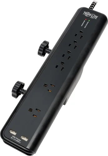 Vista 6 de Tripp Lite Protector de sobretensiones con abrazadera de escritorio, 6 salidas y 2 USB, resistente a las microbrías, cable trenzado de 8 pies, 2100