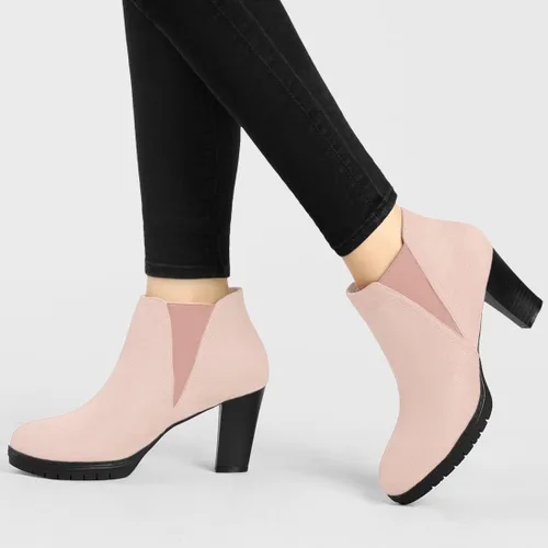 Vista 2 de Allegra K Botines Chelsea con tacón redondo y puntera redonda para mujer
