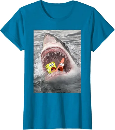 Vista 31 de Camiseta divertida de Bob Esponja con diseño de tiburón y ataque de tiburón para hombres y mujeres Negro