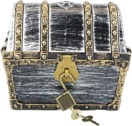 Vista 10 de Cofre del tesoro pirata para niños: pequeña caja del tesoro con cerradura y llave, caja de colección vintage de plástico para almacenamiento