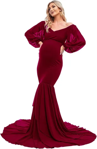 Vista 4 de ZIUMUDY Vestido de sirena ajustado de maternidad para sesión de fotos, manga larga, falda de gasa escalonada, vestido de accesorios para fotos