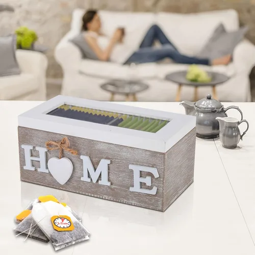 Vista 4 de Organizador de bolsas de té de madera, caja de té decorativa de madera, organizador de madera antigua con compartimentos y parte superior de ventana
