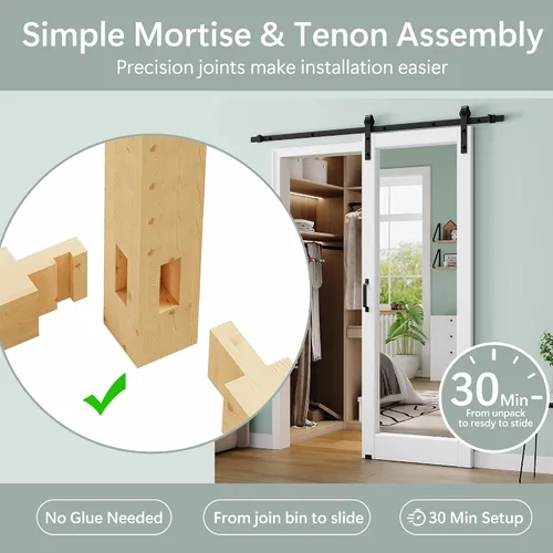 Vista 6 de 30"x84" 1-Lite Double Side Mirror Barn Door Slab with 6FT Track Kit, Handle White / 1-Lite Double Side Mirror