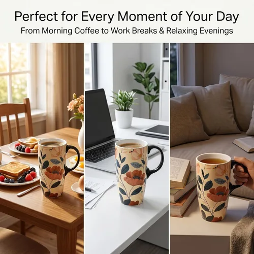 Vista 3 de Topadorn Taza de viaje de cerámica de 17 onzas con tapa y asa, taza de café floral bohemio, taza de porcelana apta para microondas y lavavajillas