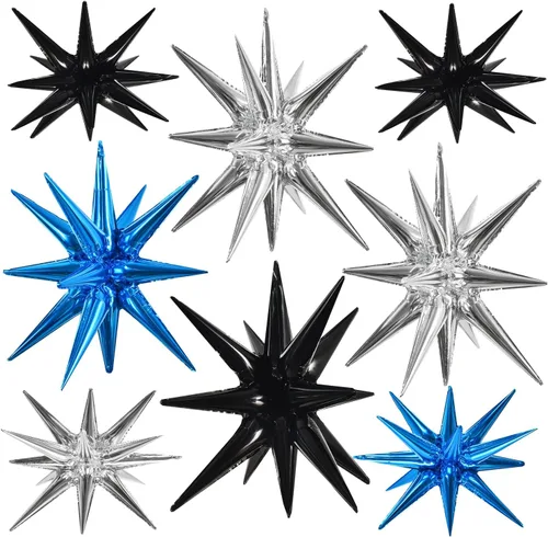 Vista 16 de TONIFUL 4 globos 4D enormes de estrella negra de 22 pulgadas, globos de aluminio de Mylar de estrella explosión para suministros de fiesta, telón