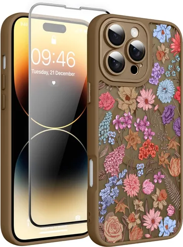 Vista 54 de Magnético para iPhone 13 con protector de pantalla [Compatible con MagSafe] Diseño de patrón floral de flores bonitas, funda delgada a prueba