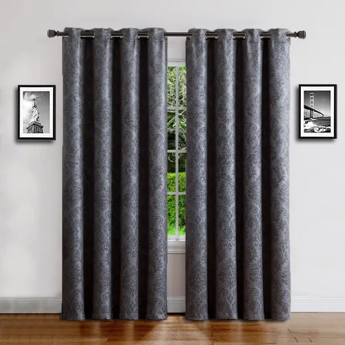 Vista 2 de Warm Home Designs 1 par (2 paneles) de cortinas opacas de carbón gris con patrón de flores de damasco texturizado en relieve. Cada panel de cortina
