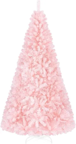 Vista 11 de Goplus Árbol de Navidad artificial preiluminado rosa de 6 pies, árbol de Navidad artificial con bisagras con nieve artificial con 808 puntas
