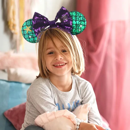 Vista 7 de Foeran Diademas con orejas de ratón lazos brillantes orejas de ratón brillantina decoración de princesa disfraz de cosplay para bebés niños y niñas