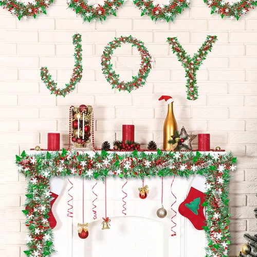 Vista 4 de 50 pies de decoraciones de Navidad con guirnalda de oropel con copo de nieve, árbol de Navidad rojo verde plateado brillante metálico girado