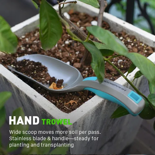 Vista 3 de GOODSMANN Juego de herramientas de jardín, 3 piezas de aluminio fundido a presión, paleta de mano, medidas de marcador, trasplantador y cultivador