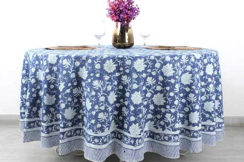 Vista 22 de Ridhi Mantel redondo con estampado de bloques a mano, color rosa y blanco