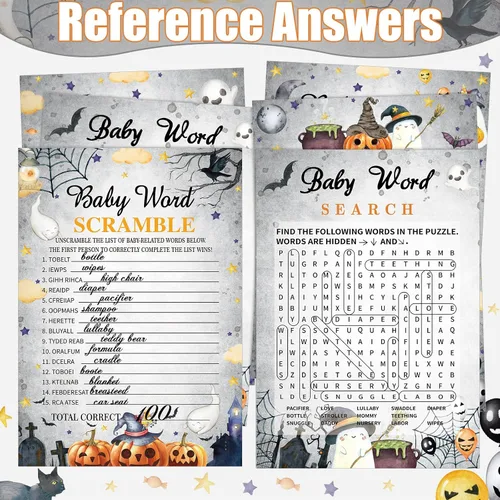 Vista 6 de Funnymoom Set de 426 piezas de juegos de baby shower de Halloween, 8 juegos, incluye bingo de baby shower, el precio correcto, adivina quién