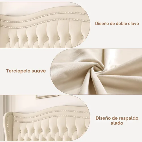 Vista 7 de Marco de Cama Full con Cabecera y Pie de Cama Altos, Marco de Cama Plataforma Tapizada en Terciopelo con Acolchado de Botones Profundos Tipo Beige