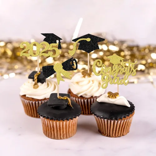 Vista 4 de 24 piezas 2025 decoraciones para cupcakes de graduación 2025 con purpurina contratos graduados diploma de graduación clase de 2025, selecciones