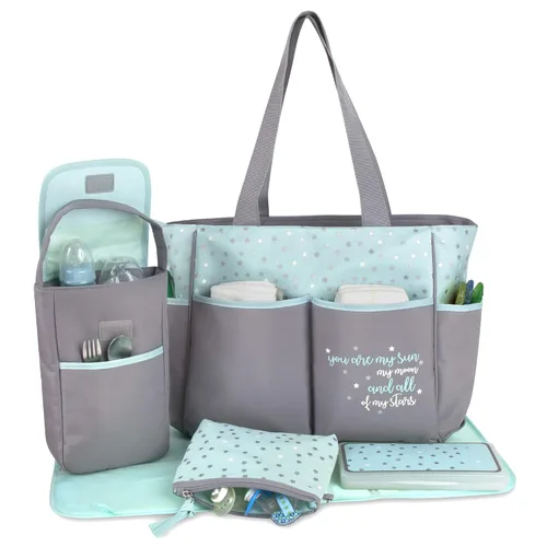 Vista 3 de Baby Essentials Juego de 5 bolsas para pañales con sol, luna y estrellas, bolsillo para toallitas, bolsa para pañales sucios, cambiador Gris/ agua