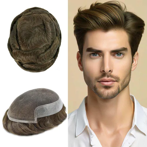 Vista 31 de Mens Toupee Remy Human Hair System For Men Bleached Knot Toupee Hair Piece For Men French Lace Toupee For Men Hairpiece 8X10#17 Dark Ash Blonde 90%