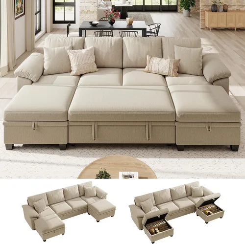 Vista 13 de Ihanherry Sofá modular de 86 pulgadas con cama extraíble, sofá cama modular en forma de L de 4 plazas con otomana de almacenamiento, sofás Verde